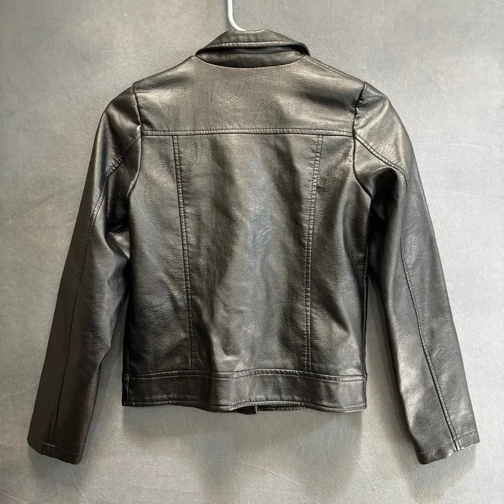 Forever 21 Girls Black Moto Faux Leather Jacket Size 13/14 Biker Rockstar